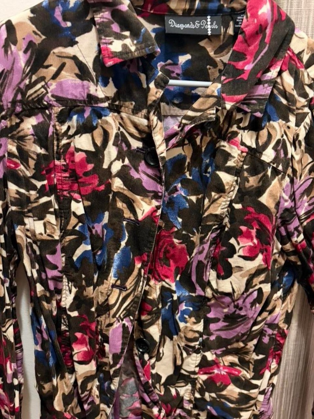 multi-colored floral corduroy jacket from the brand Diamonds & Pearls